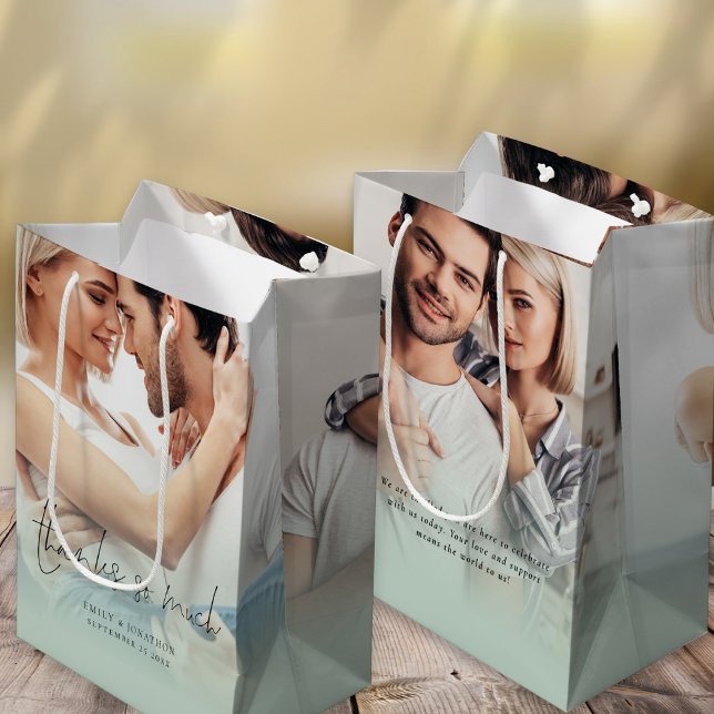 Modern 2 Photo Overlay Thanks So Much Sage Wedding Medium Gift Bag (Front and back view)