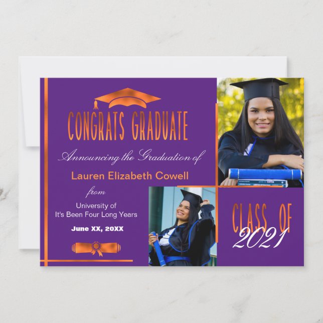 Modern 2 Photo Purple & Orange Grad Announcement (Front)