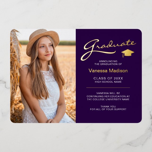 Modern 2 Photo Purple White & Gold Foil Grad Card (Front)