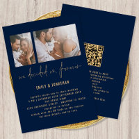 Modern 2 Photo QR Code Navy Gold Wedding