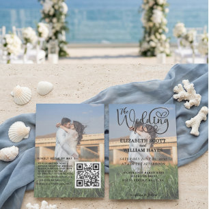 Modern 2 Photo QR Code Romantic Script Wedding Inv Invitation