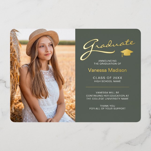 Modern 2 Photo Sage Green & Gold Foil Grad Card (Front)