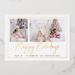 Modern 2 Photo Script Happy Holidays Christmas Foil Holiday Card