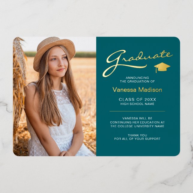 Modern 2 Photo Teal White & Gold Foil Grad Card (Front)