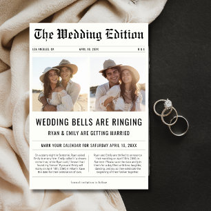Modern 2 Photo Wedding Bells ringing Newspaper Save The Date