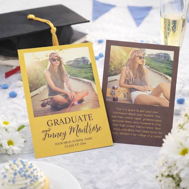 Modern 2 Photo Yellow Brown Grad Announcement (Modern yellow and brown graduation announcement)