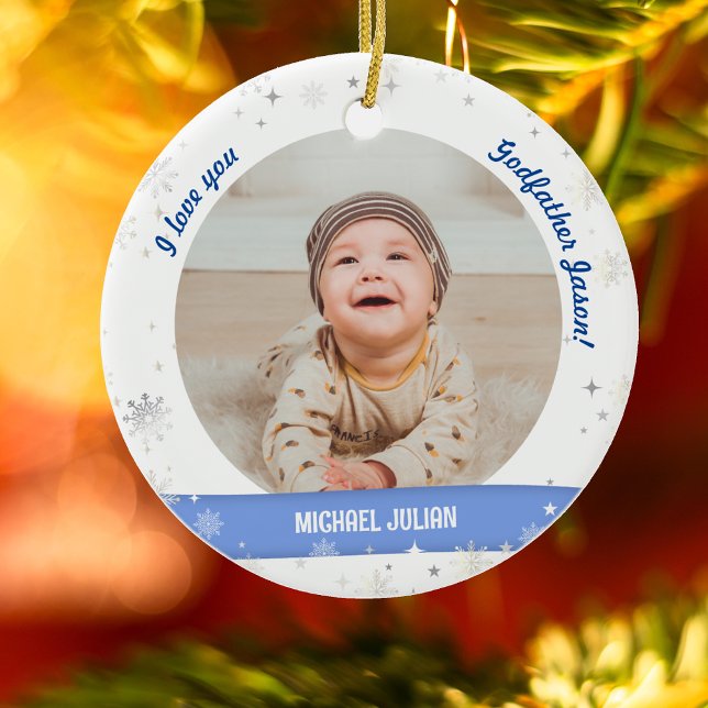 Modern 2 Photos Baby Boy 1st Christmas Godfather Ceramic Ornament (Modern, Cute, Elegant I love you, Godfather! First Christmas Newborn Baby Boy. 2 Photos. Snowflakes)