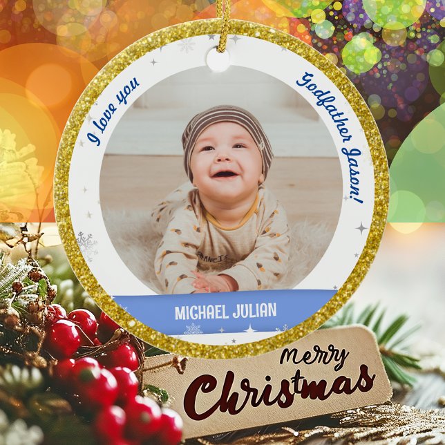 Modern 2 Photos Baby Boy 1st Christmas Godfather Ceramic Ornament (Modern Elegant Cute I love you, Godfather First Christmas Baby Boy 2 Photos Golden Faux Glitter Snow)