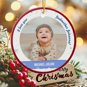 Modern 2 Photos Baby Boy 1st Christmas Godmother Ceramic Ornament