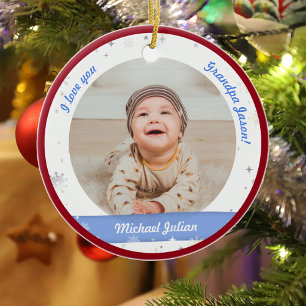 Modern 2 Photos Baby Boy First Christmas Grandpa Ceramic Ornament