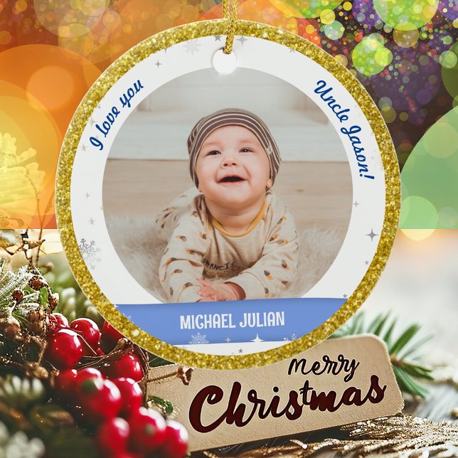 Modern 2 Photos Baby Boy First Christmas Uncle Ceramic Ornament (Modern Elegant Cute I love you, Uncle! First Christmas Baby Boy 2 Photos Golden Faux Glitter Snow)
