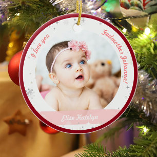Modern 2 Photos Baby Girl 1st Christmas Godmother Ceramic Ornament