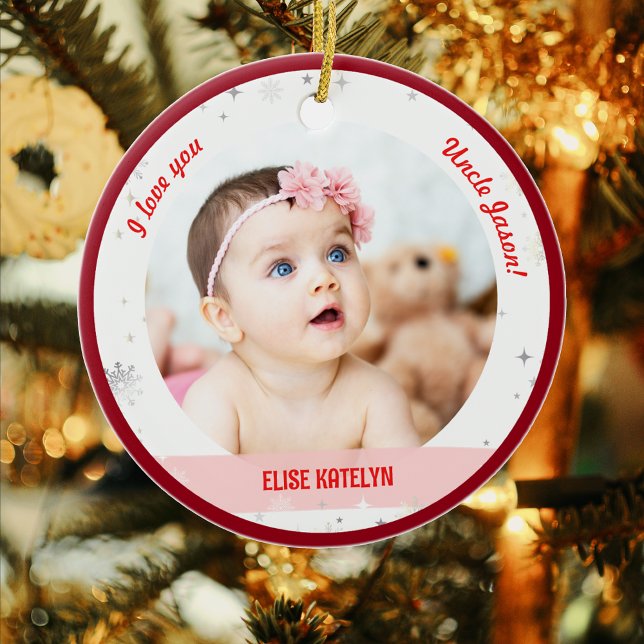Modern 2 Photos Baby Girl First Christmas Uncle Ceramic Ornament (Cute Modern Elegant Personalized First Christmas Baby We love you Uncle Twin Girls Snowflakes)