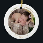 Modern 2-sided My First Christmas Snowflake Photo Ceramic Ornament<br><div class="desc">Sweet modern design features Baby's Photo with the words "My First Christmas",  name,  and year in gold colour typography on both sides.  Snowflakes over your awesome picture,  adds a special keepsake bonus for the Holiday Season.</div>