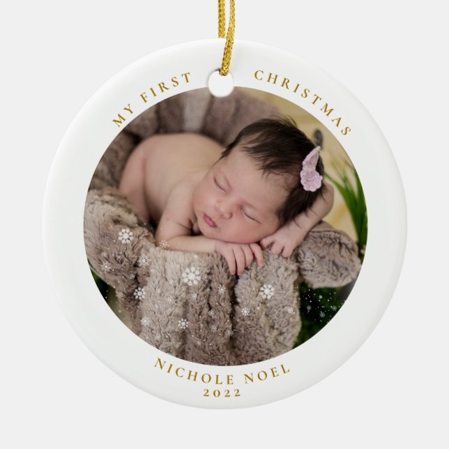 Modern 2-sided My First Christmas Snowflake Photo Ceramic Ornament (Front)