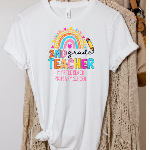 Modern 2nd Grade Rainbow Teacher School Name T-Shirt