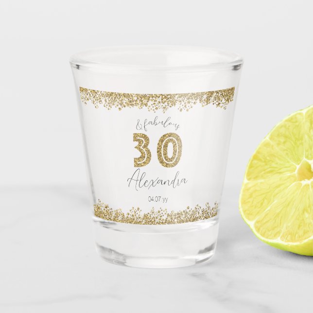 Modern 30 and Fabulous Gold Gitter Personalized Shot Glass (Front)