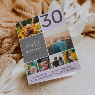 Modern 30 birthday pink 6 photo collage grid card