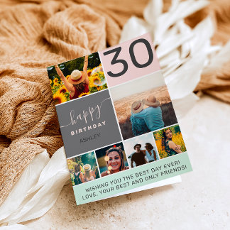 Modern 30 birthday pink 6 photo collage grid card