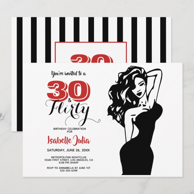 Modern 30 & FLIRTY 30th Birthday Black & Red Invitation (Front/Back)
