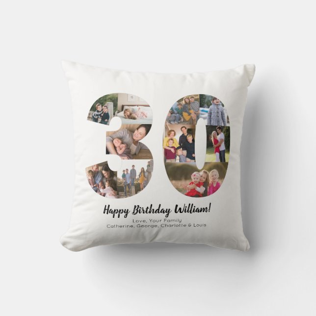 Modern 30 Number Photo Collage Custom Greeting Throw Pillow (Front)