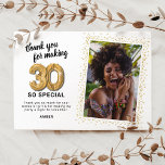 Modern 30th Adult Birthday Photo Thank You Card<br><div class="desc">Elegant thirtieth birthday party thank you cards featuring a simple white background that can be changed to any colour,  a photo of the birthday girl / boy,  gold sparkly glitter,  thirty gold hellium balloons,  and a modern thank you template that is easy to personalize.</div>