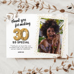 Modern 30th Adult Birthday Photo Thank You Card<br><div class="desc">Elegant thirtieth birthday party thank you cards featuring a simple white background that can be changed to any colour,  a photo of the birthday girl / boy,  gold sparkly glitter,  thirty gold hellium balloons,  and a modern thank you template that is easy to personalize.</div>