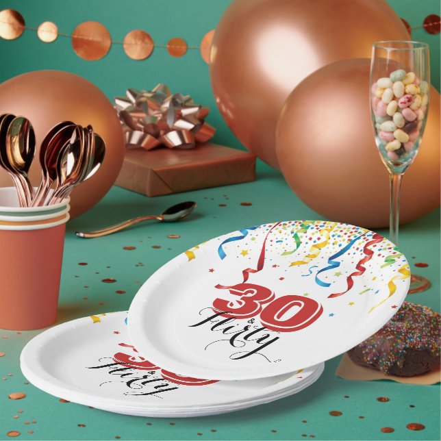 Modern 30th Birthday 30 & FLIRTY Festive Paper Plate (Multi)
