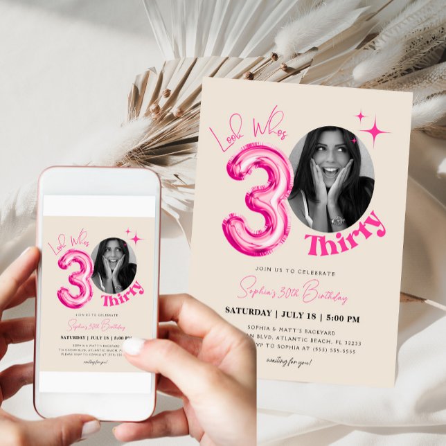 Modern 30th Birthday Beige Pink Ballon Photo Invitation (Creator Uploaded)