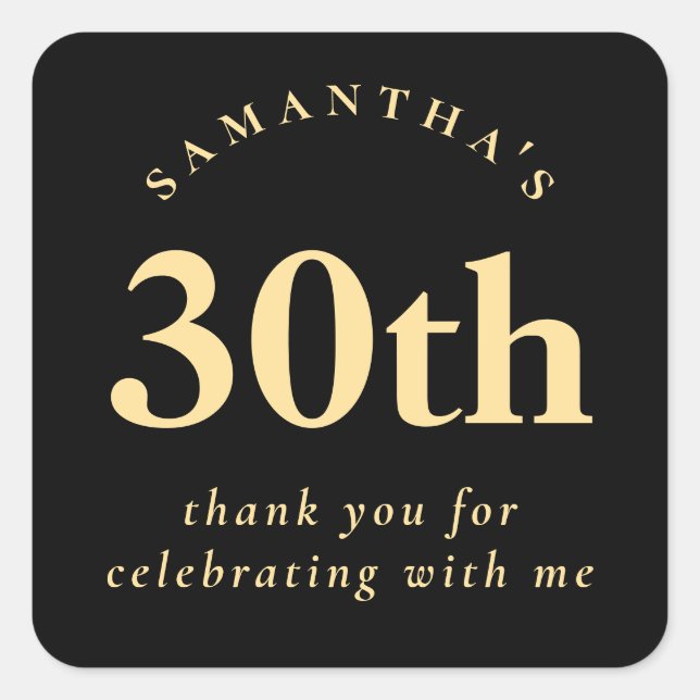 Modern 30th Birthday Black and Gold Thank You Square Sticker (Front)