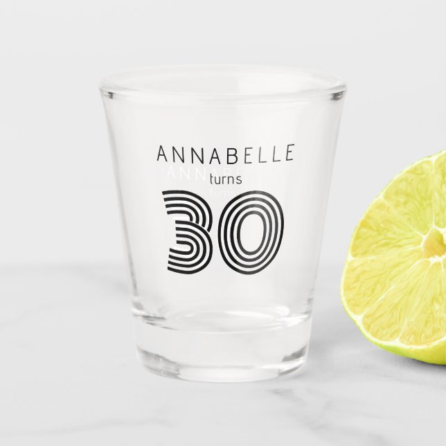 Modern 30th birthday black shot glass (Front)