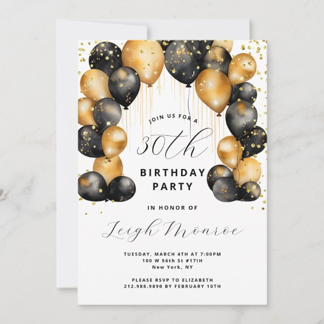 Modern 30th Birthday Party Black Gold  Invitation (Front)