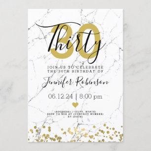 Modern 30th Birthday Party Gold Marble Invitation