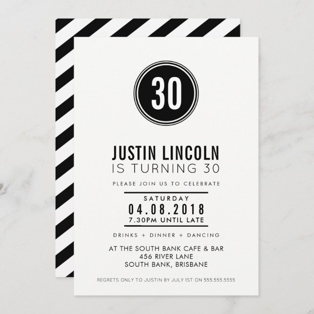 MODERN 30TH birthday party INVITE plain spot black (Front/Back)
