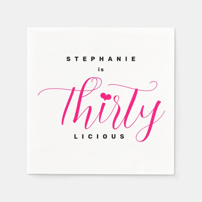 Modern 30th Birthday Party Thirtylicious Pink Text Napkin (Front)