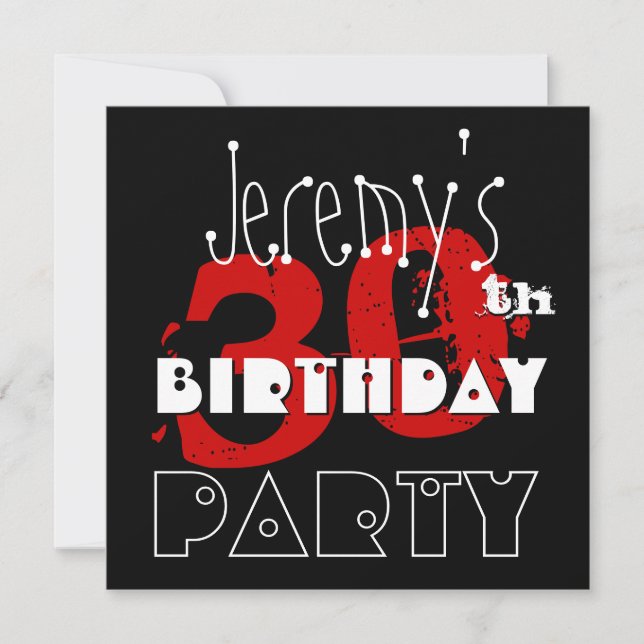 Modern 30th Birthday Reb Black White Template (Front)
