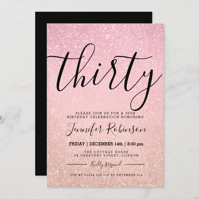 Modern 30th Birthday Rose Pink Glitter Paint Invitation (Front/Back)