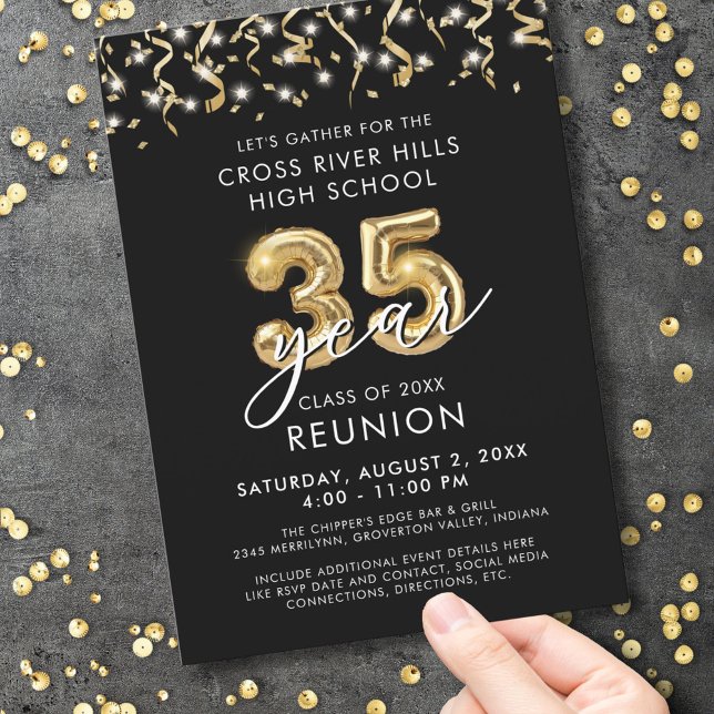 Modern 35 Year Class Reunion Black Gold Streamers Invitation (Creator Uploaded)