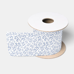 Modern 35th Birthday Number Pattern Blue/White Satin Ribbon