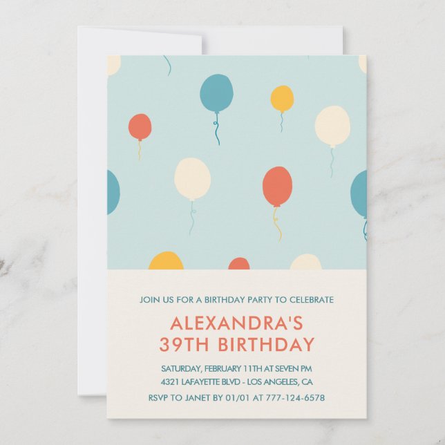 Modern 39th birthday invitations Balloons  (Front)