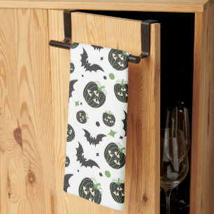 Modern 3-Eyed Pumpkin and Bats Halloween Kitchen Towel