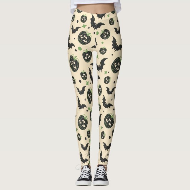 Modern 3-Eyed Pumpkin and Bats Halloween Leggings (Front)