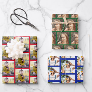 Modern 3 Family Photos Collage Pattern Christmas Wrapping Paper Sheet