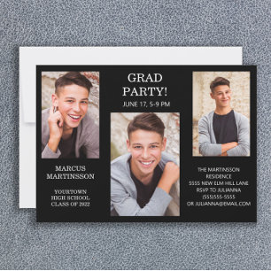 Modern 3 Photo Black (Editable Colour) Graduation  Invitation