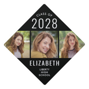 Modern 3 Photo Black Graduation Cap Topper