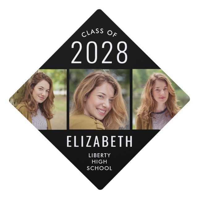 Modern 3 Photo Black Graduation Cap Topper (Front)