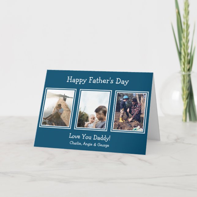Modern 3 Photo Blue Happy Father's Day Holiday Card (Front)