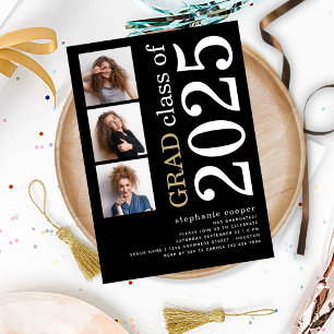 Modern 3 photo Bold 2025 Black Graduation Invitation