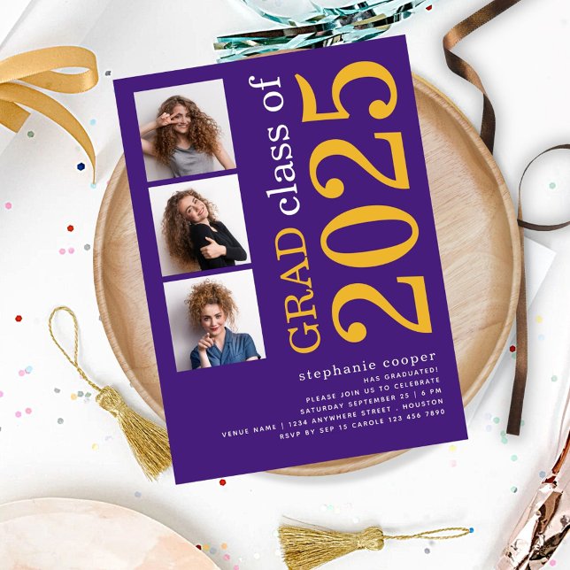 Modern 3 photo Bold 2025 Purple Graduation Invitation (front view)