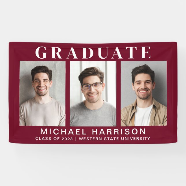 Modern 3 Photo Burgundy Graduation Banner (Horizontal)